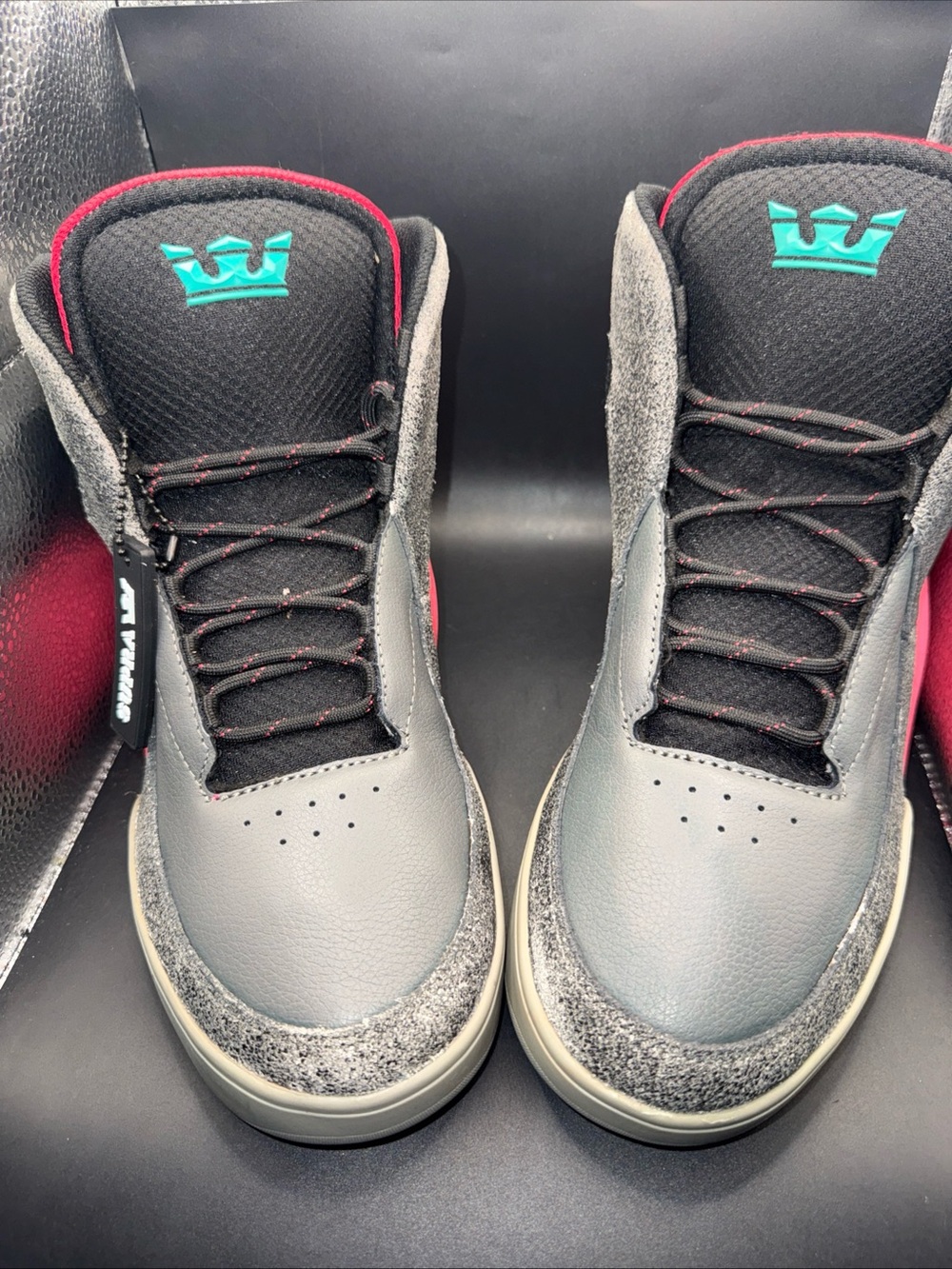 Supra Grey Sneakers with Teal Crown and Red Accents